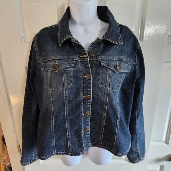 Live a Little Women Large Denim Jacket Dark Blue Cotton Trucker Archival Western - Picture 2 of 10